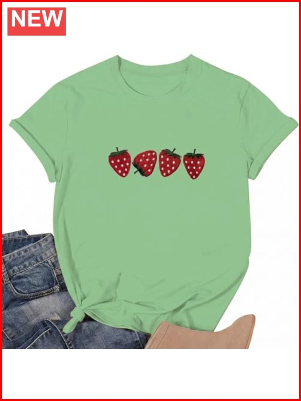 Strawberry Embroidered Graphic Tee Women's Short Sleeve T-Shirt